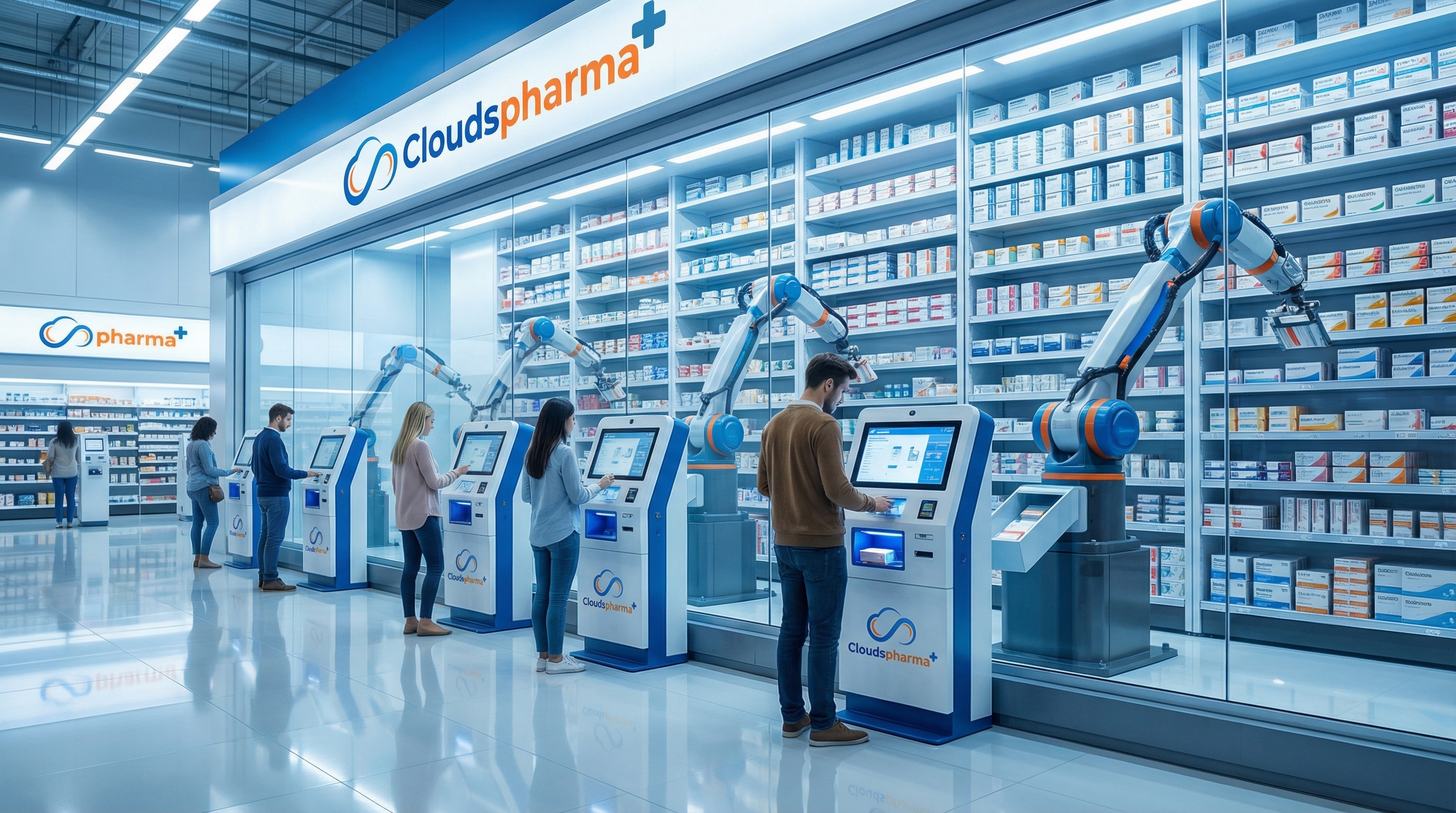 Cloudspharma kiosks with customers and robotic dispensing shelves